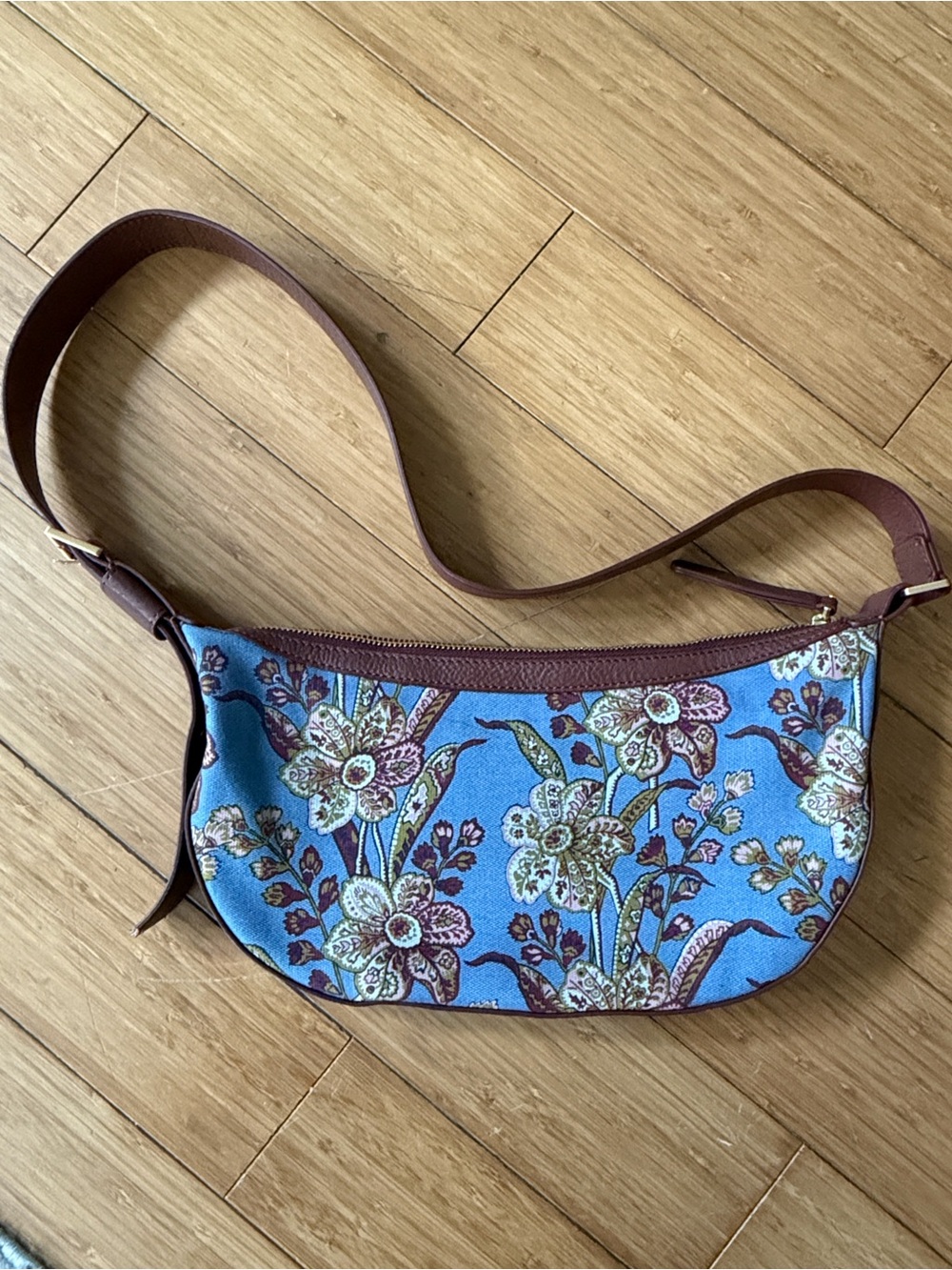 Vera Bradley Blue Floral Crescent Bag with Brown Trim